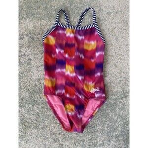 Dolfin Uglies Girls Size 8 Pink Red Water Color Multicolored Racer 1pc Swimsuit